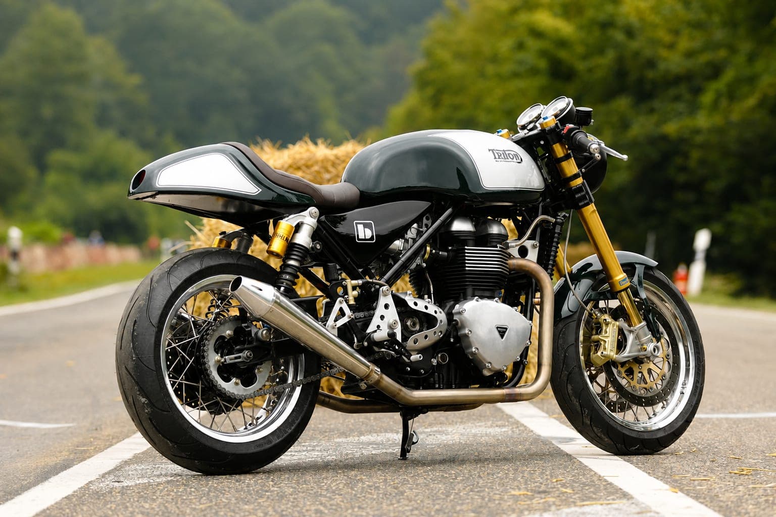 Café Racer von Britalmoto auf einer Landstrasse, Dreiviertelansicht von hinten: dunkelgrüner Tank mit silbernem Streifen, Höckersitzbank, goldene Upside-down-Gabel und Speichenräder.