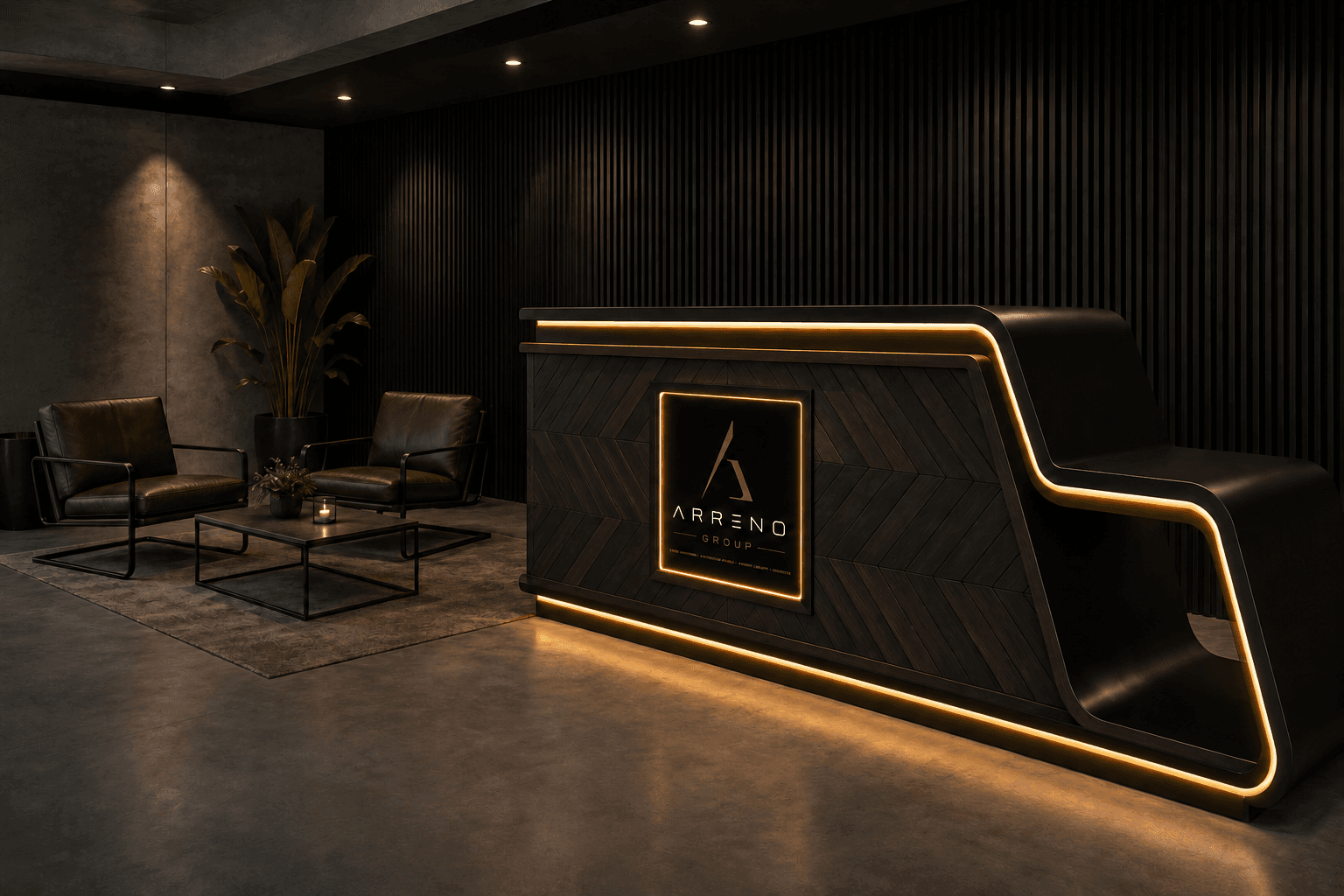 Custom-built living space by Arreno Studio — anthracite walls, LED ceiling frame, leather sofa and Eames chair