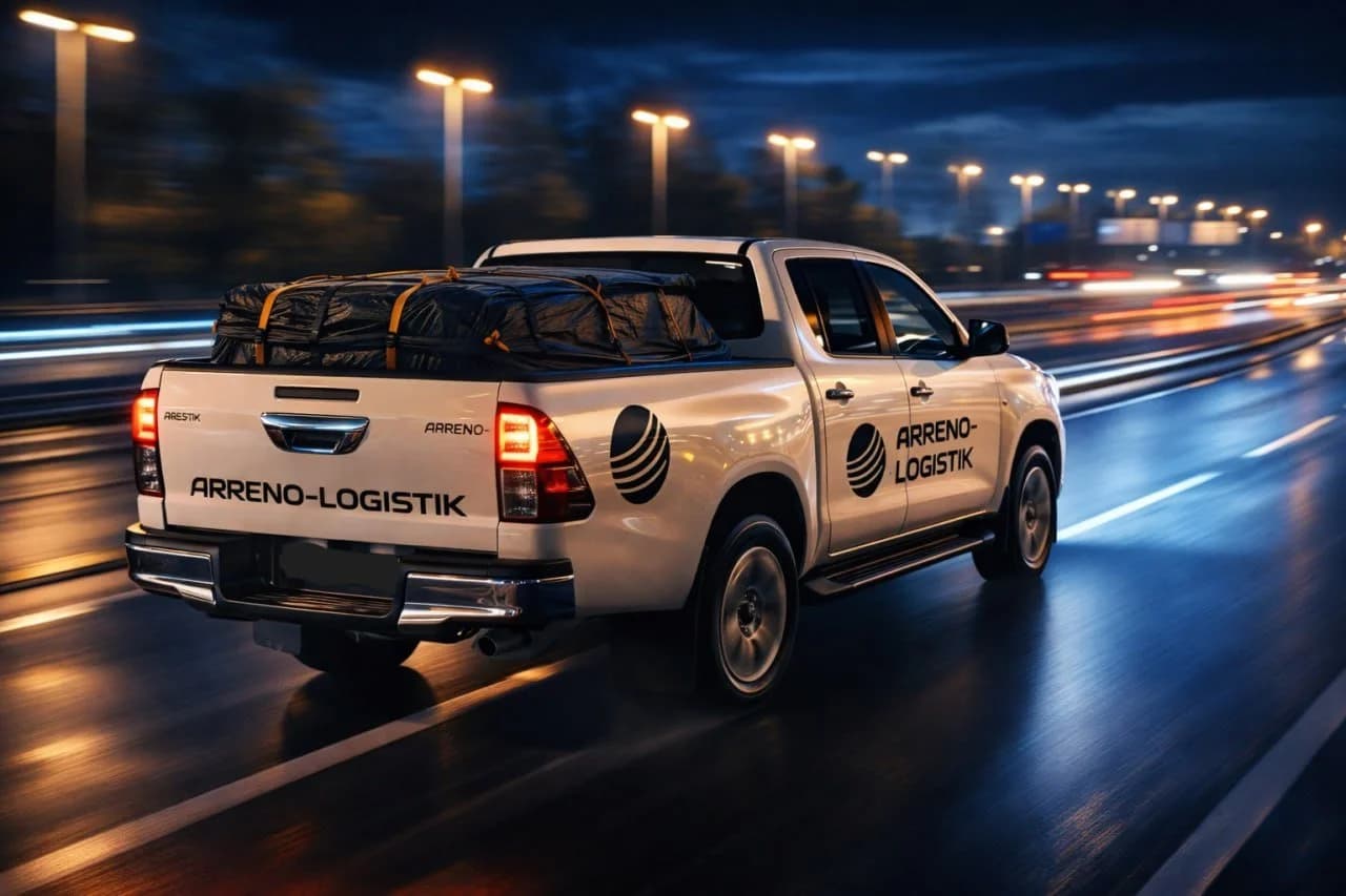 Arreno Logistics delivery truck on a Swiss highway at night, motion-blurred lights