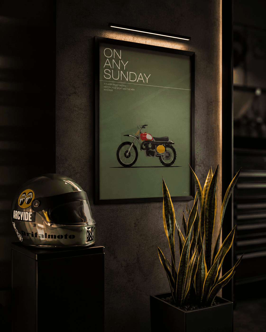 On Any Sunday film poster above a customising helmet and plant — character out of customising.