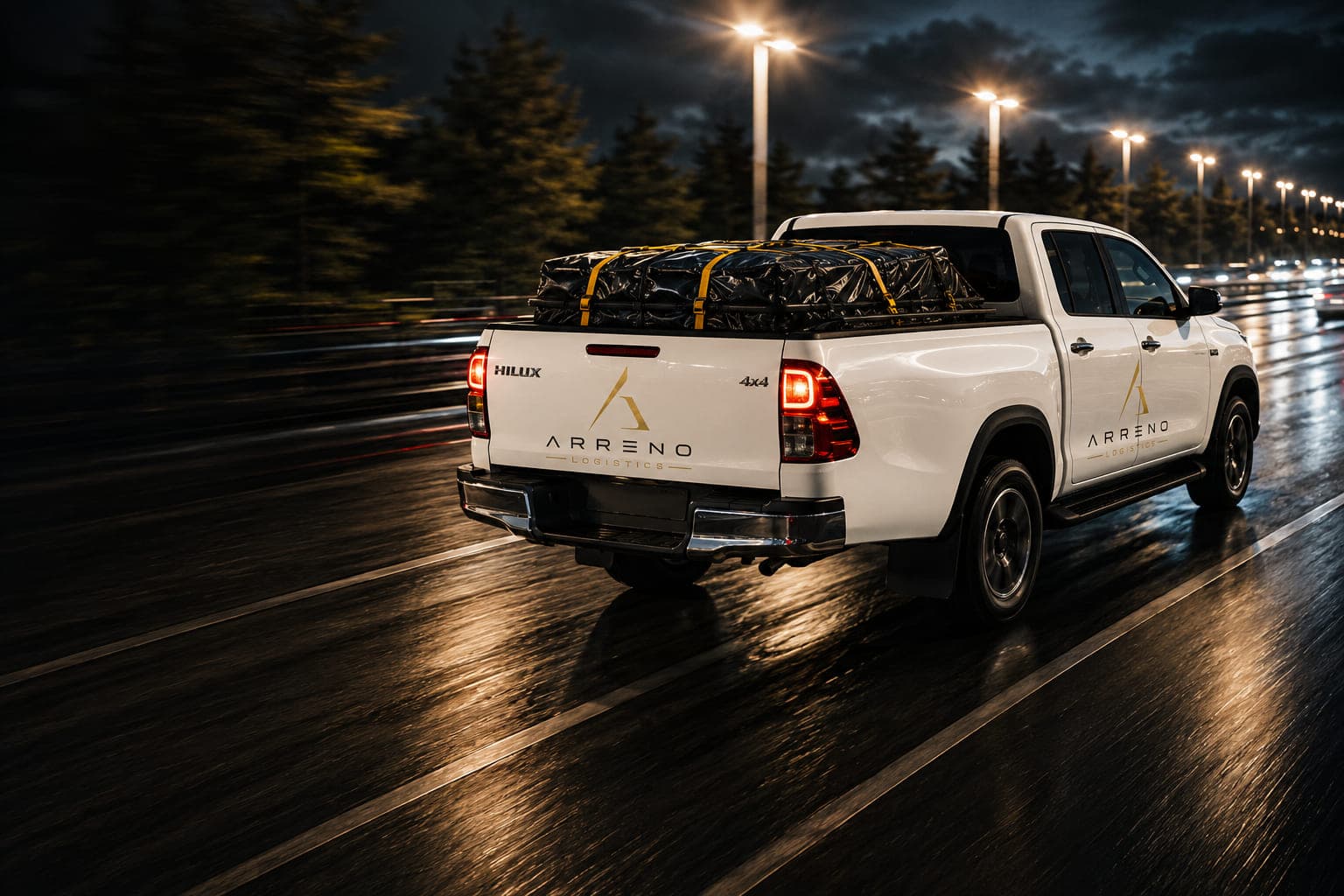 White Arreno Logistics Toyota Hilux double cab carrying a strapped load, on wet motorway tarmac under overhead lights at night