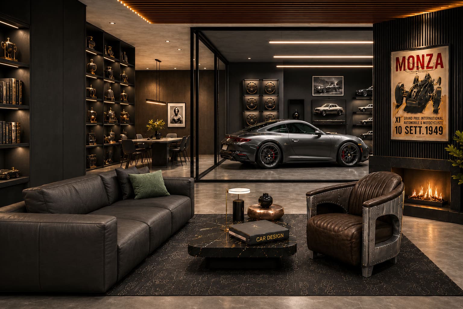 Garage lounge by Arreno Studio — leather sofa and riveted club chair on a patterned rug, fireplace to the right, trophy shelving to the left and a grey Porsche 911 behind a glazed partition